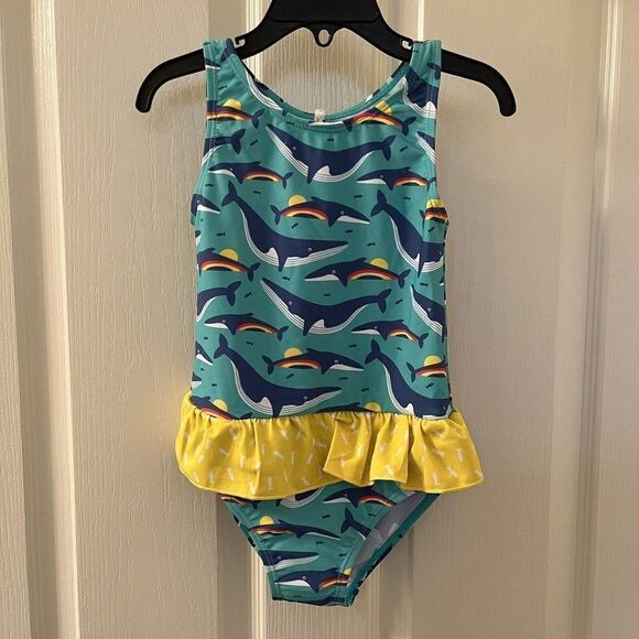 Frugi Rainbow Whales Little Coral Swimsuit One Piece UPF 50+ Girls Size 3-4 NWT - Picture 1 of 13